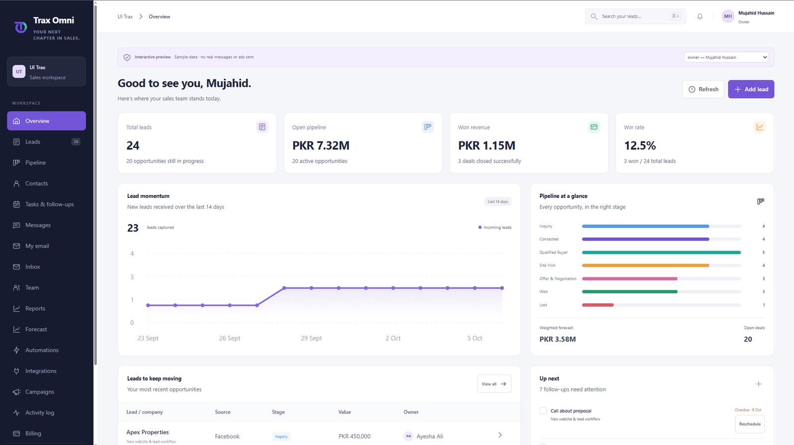 Trax Omni CRM: owner overview with leads, pipeline and follow-ups